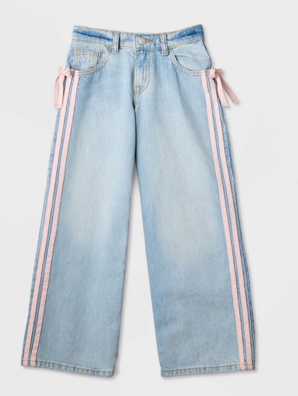 Girls' Mid-Rise Pink Striped Wide Leg Jeans - Cat & Jack Light Wash 7